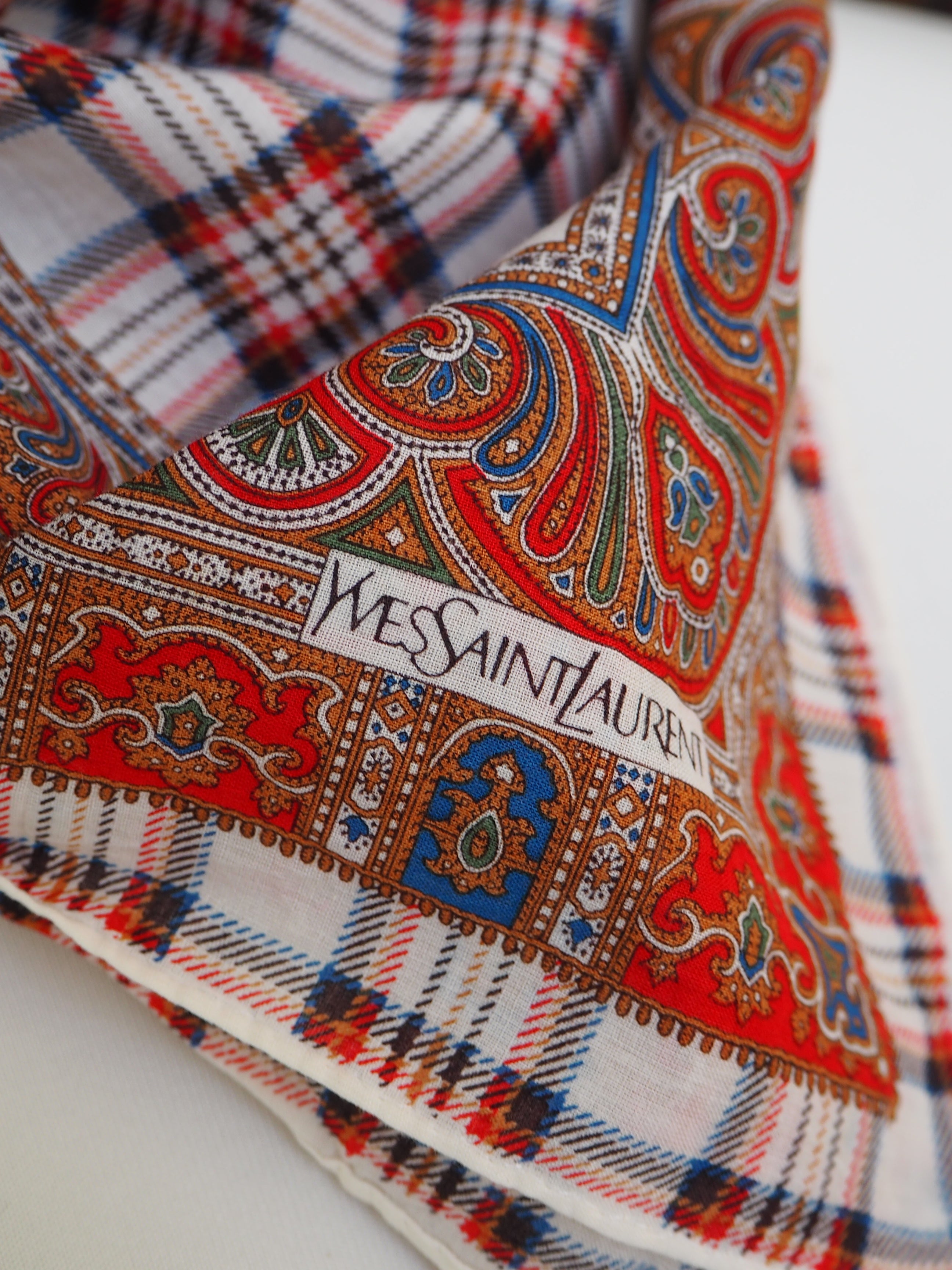 1990s Yves Saint Laurent Cotton Square Scarf with Paisley Print