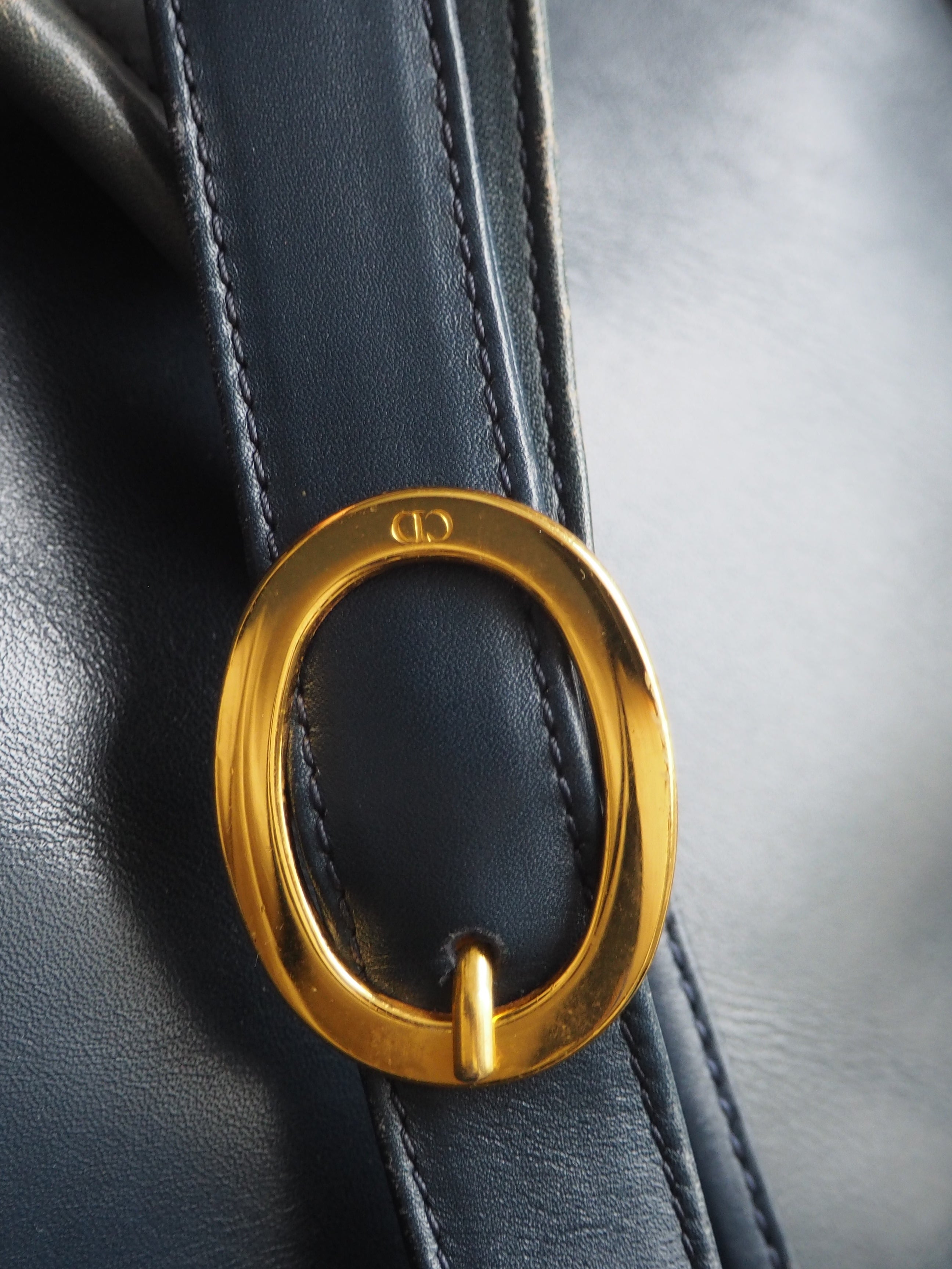 1980s Christian Dior Bucket Bag in Navy Leather with Logo Charms
