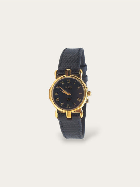 Gucci 3400L Gold-Tone Watch with Black Dial and Leather Strap