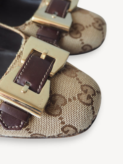 GUCCI GG MONOGRAM BOW PUMPS BEIGE BROWN