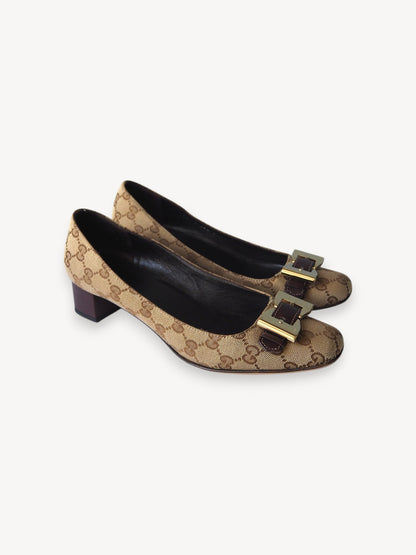 GUCCI GG MONOGRAM BOW PUMPS BEIGE BROWN