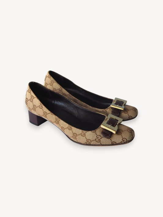 GUCCI GG MONOGRAM BOW PUMPS BEIGE BROWN