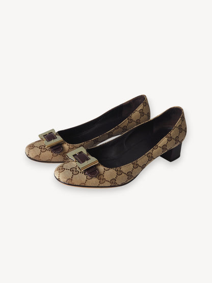 GUCCI GG MONOGRAM BOW PUMPS BEIGE BROWN