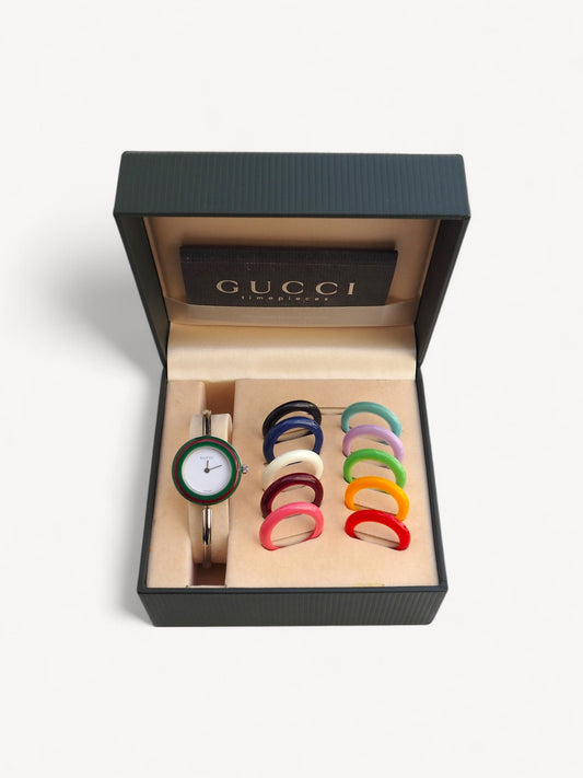 GUCCI INTERCHANGEABLE BEZEL WATCH SILVER