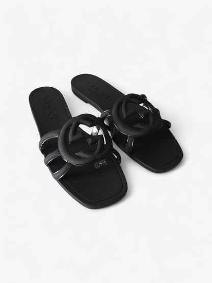 GUCCI INTERLOCKING G SLIDE SANDALS BLACK