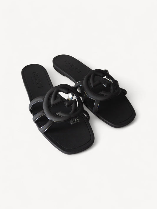 GUCCI INTERLOCKING G SLIDE SANDALS BLACK