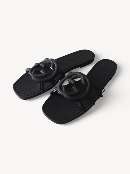 GUCCI INTERLOCKING G SLIDE SANDALS BLACK