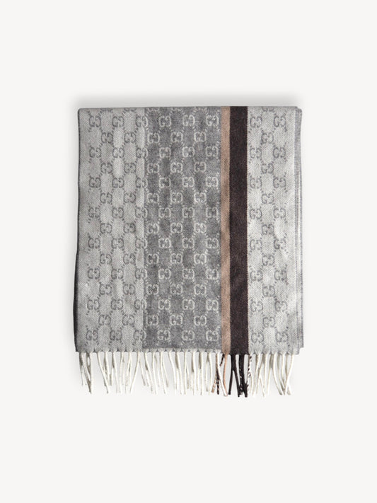 GUCCI GG JACQUARD CASHMERE/WOOL SCARF WITH TASSELS