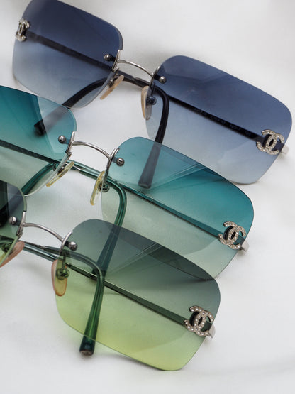CHANEL 4017-D CRYSTAL CC LOGO RIMLESS SUNGLASSES TURQUOISE