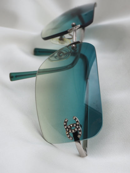CHANEL 4017-D CRYSTAL CC LOGO RIMLESS SUNGLASSES TURQUOISE